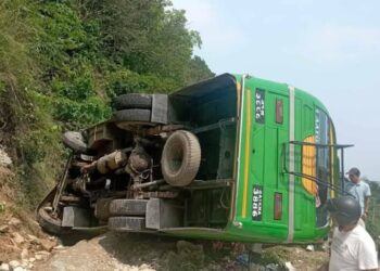 पोखराको शान्ति स्तुपा नजिकको सडकमा बस दुर्घटना